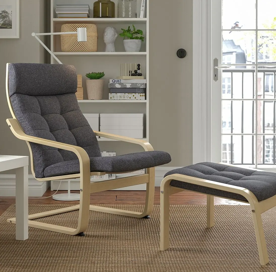 Fotoliu cu taburet Ikea Poang (Furnir Mesteacăn/Gunnared Gri Inchis)