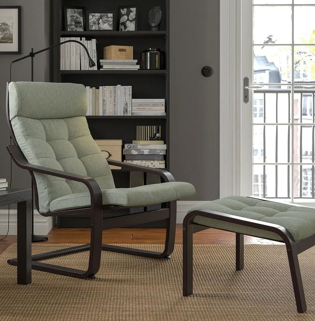 Fotoliu cu taburet Ikea Poang (Negru-Maro/Gunnared Verde Deschis)