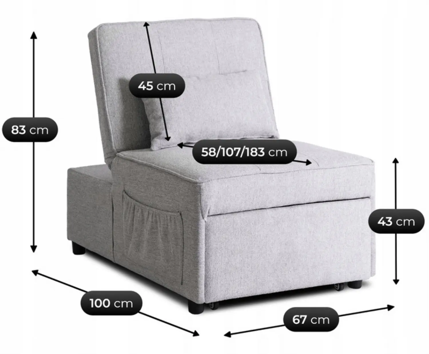 Fotoliu extensibil Mebel Elite Iberis 67cm (Grey)