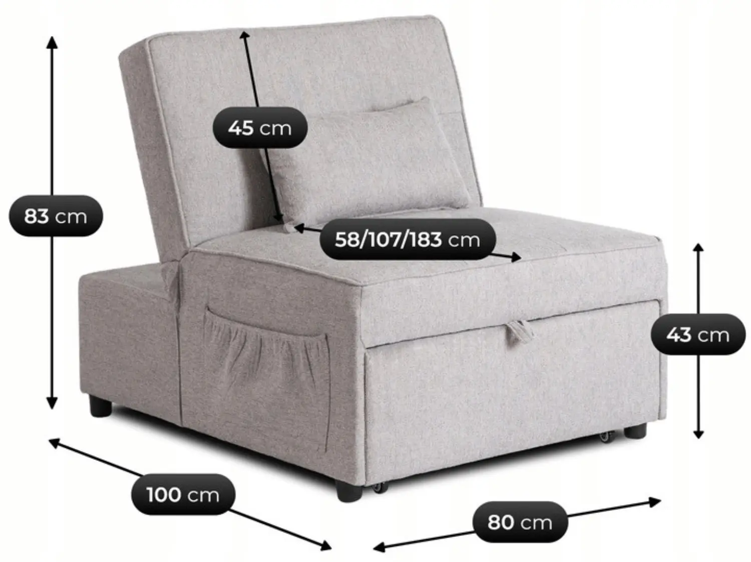 Fotoliu extensibil Mebel Elite Iberis 80cm (Grey)