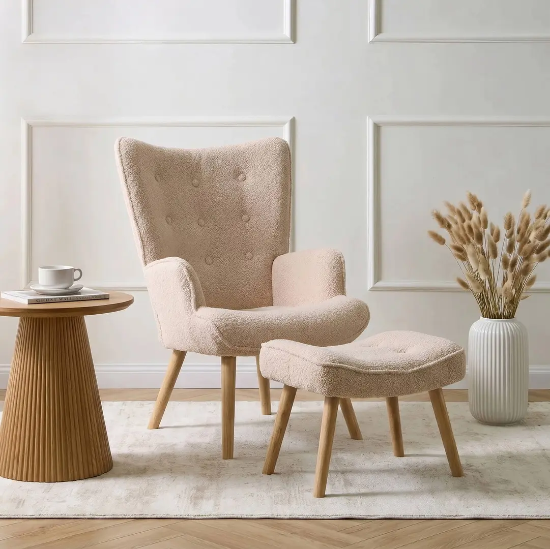 Fotoliu cu suport pentru picioare Mebel Elite Lozano (Beige/Natural)
