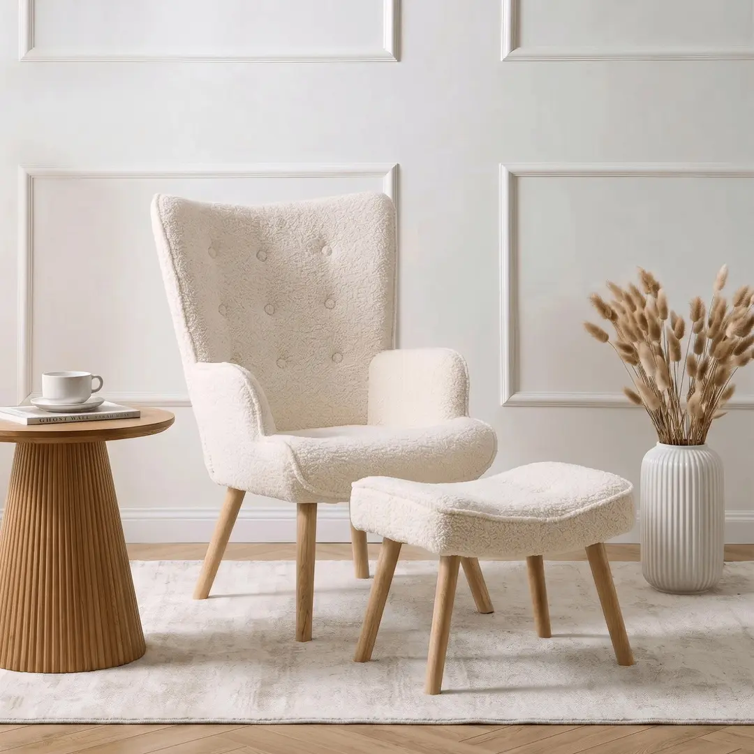 Fotoliu cu suport pentru picioare Mebel Elite Lozano (Cream/Natural)