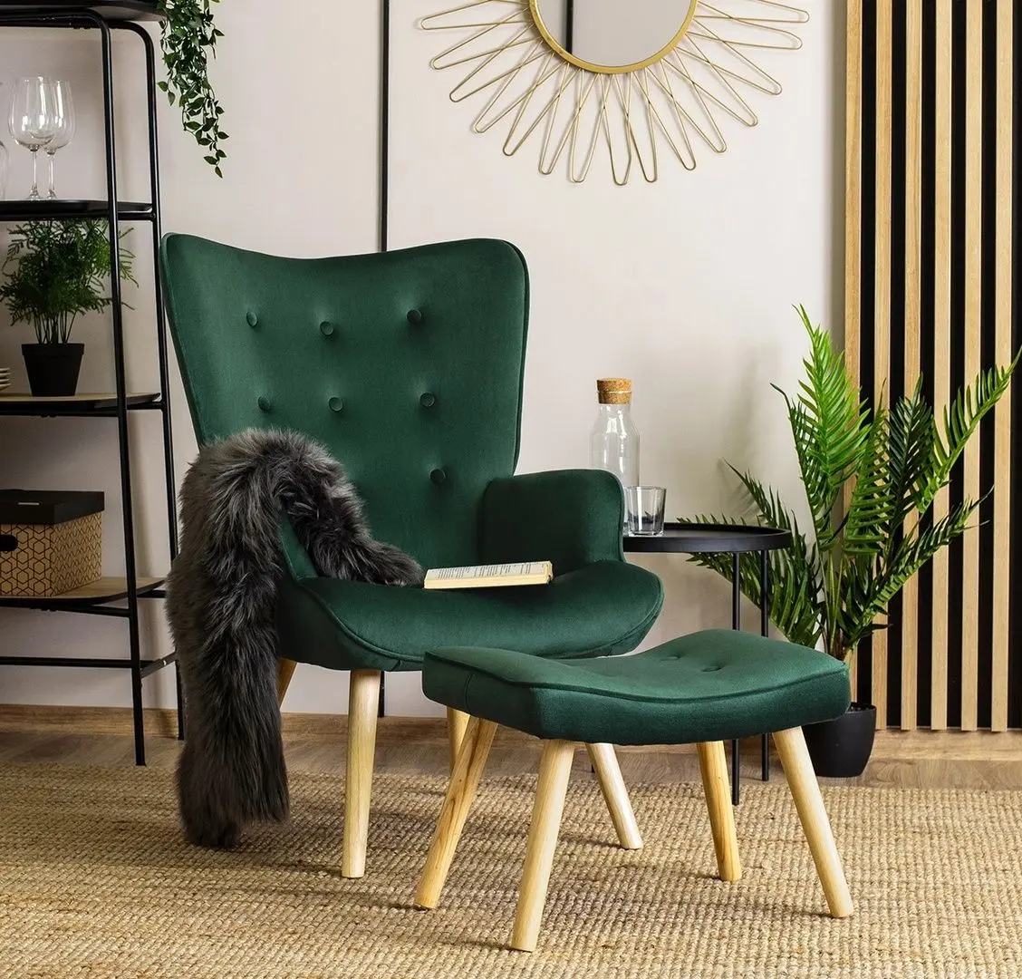 Fotoliu cu suport pentru picioare Mebel Elite Lozano (Green/Natural Oak)