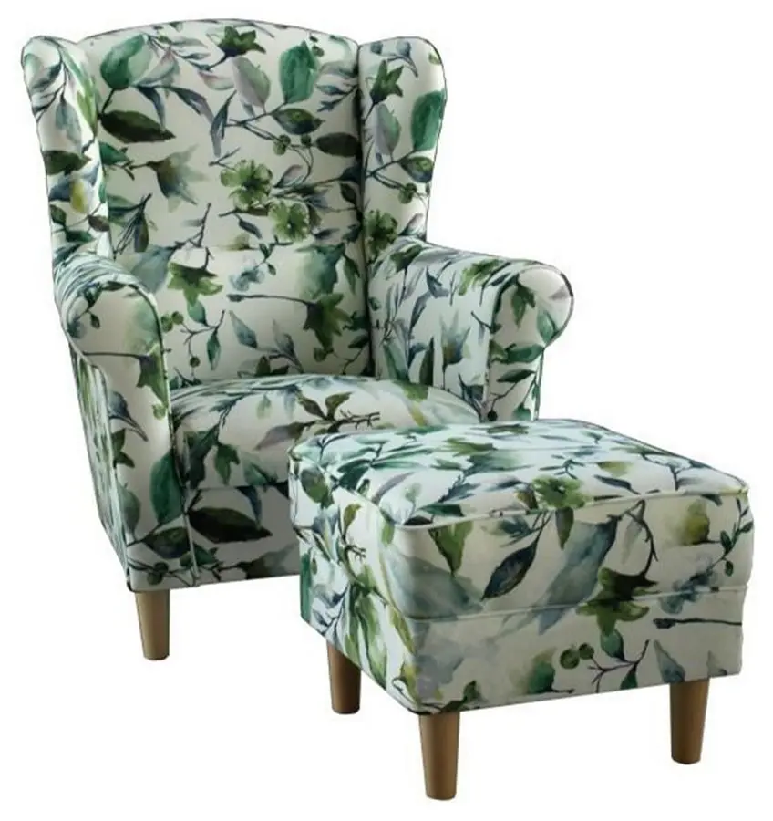 Fotoliu cu puf Mobhaus Astrid (White/Green Leaves)