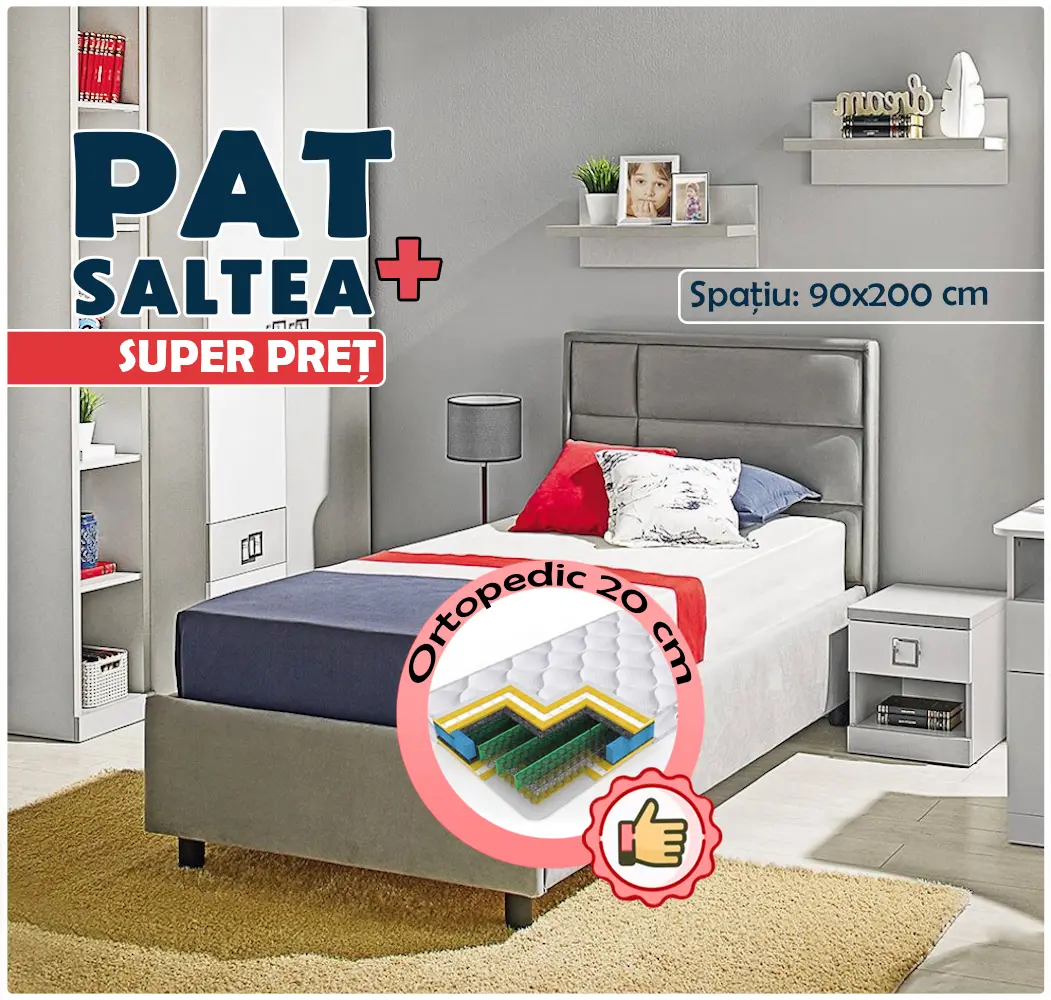 Pat cu saltea Ambianta Amigo Gri + Saltconfort Classic Ortopedic 90х200/20