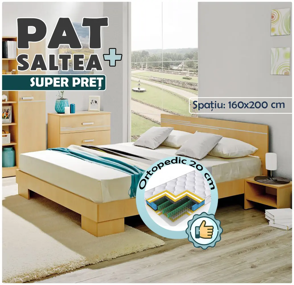 Pat cu saltea Ambianta Bravo Cremona + Saltconfort Classic Ortopedic 160х200/20