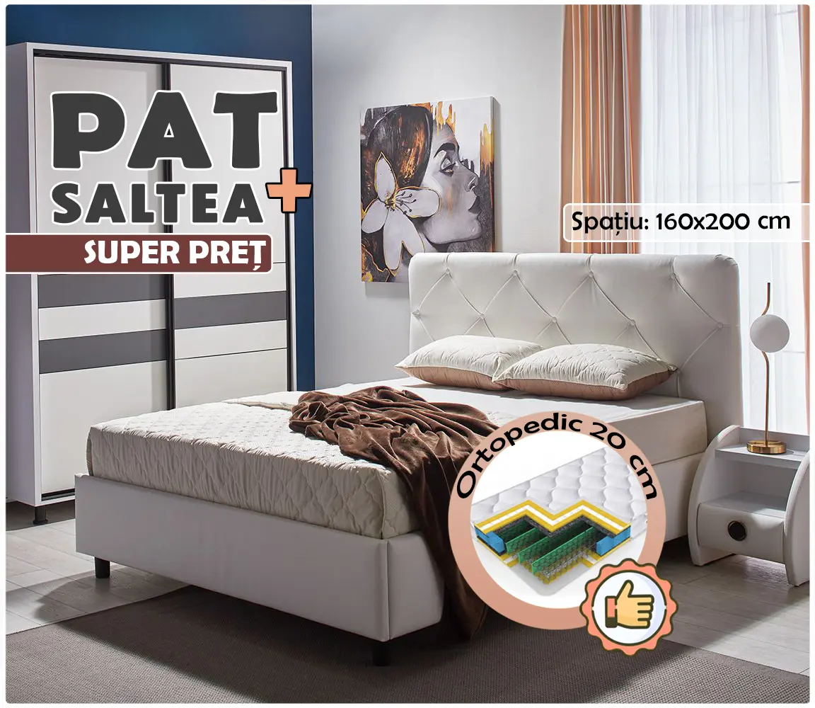 Кровать с матрасом Ambianta Cristal Alb + Saltconfort Classic Ortopedic 160х200/20