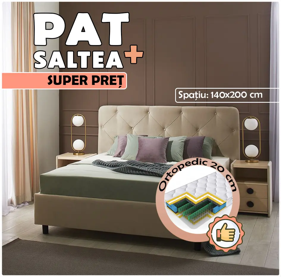 Pat cu saltea Ambianta Cristal Bej + Saltconfort Classic Ortopedic 140х200/20
