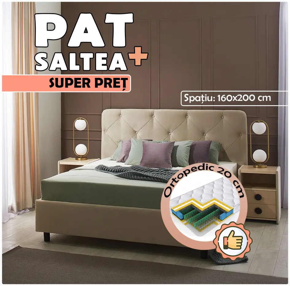 Pat cu saltea Ambianta Cristal Bej + Saltconfort Classic Ortopedic 160х200/20