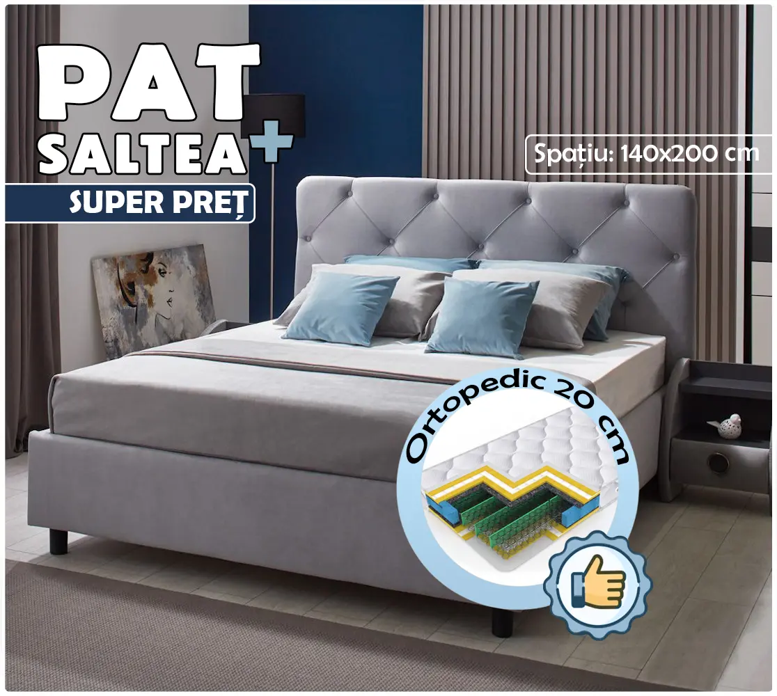Pat cu saltea Ambianta Cristal Gri + Saltconfort Classic Ortopedic 140х200/20