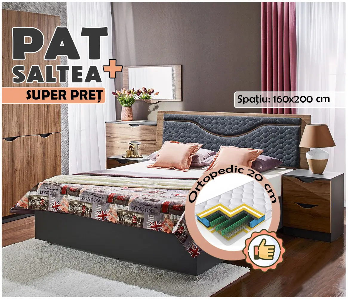 Pat cu saltea Ambianta Happy Nuc/Grafit + Saltconfort Classic Ortopedic 160х200/20