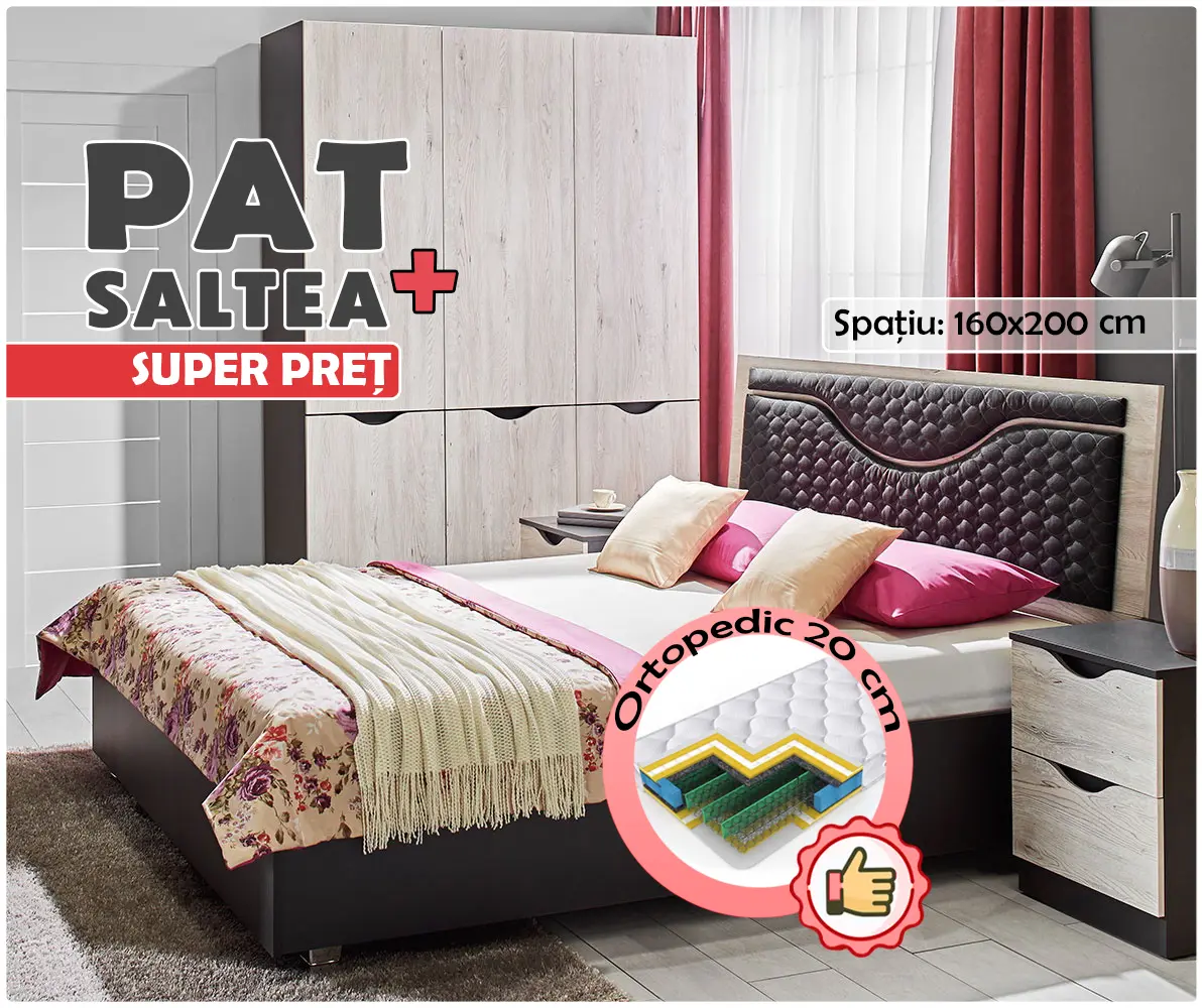 Pat cu saltea Ambianta Happy Samoa Alb/Grafit + Saltconfort Classic Ortopedic 160х200/20