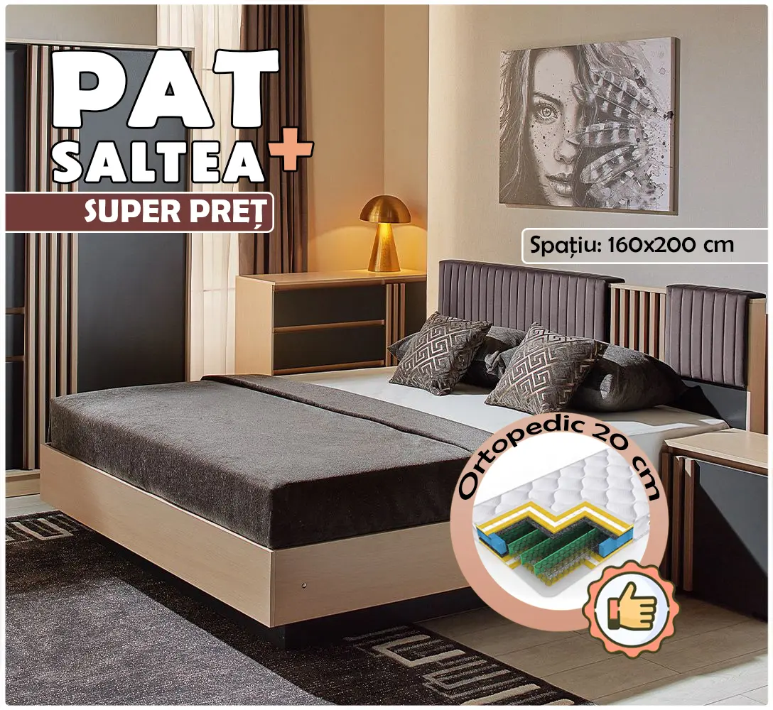 Pat cu saltea Ambianta Malta baza lamele Cremona/Grafit + Saltconfort Classic Ortopedic 160х200/20