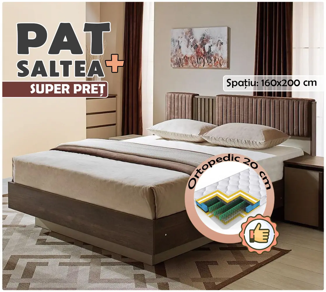 Pat cu saltea Ambianta Malta baza lamele Nuc/Fungo + Saltconfort Classic Ortopedic 160х200/20