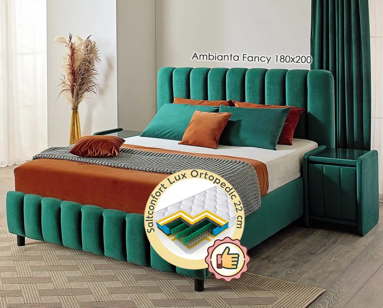 Pat cu noptiere si saltea Ambianta Fancy + Lux Ortopedic 180х200 (Green)