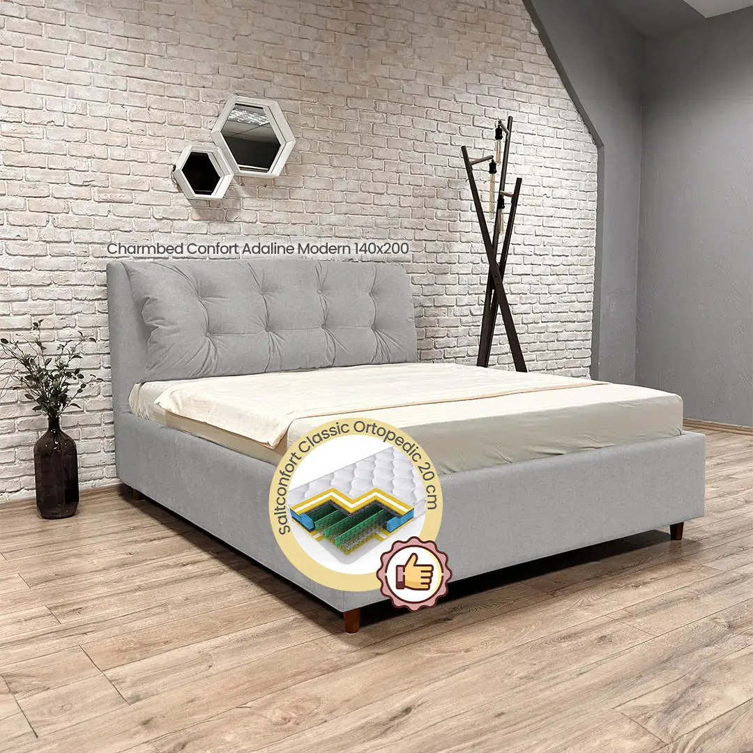 Pat cu saltea Charmbed Confort Adaline Modern Glow 15 Light Grey/Walnut + Saltconfort Classic Ortopedic 140х200/20