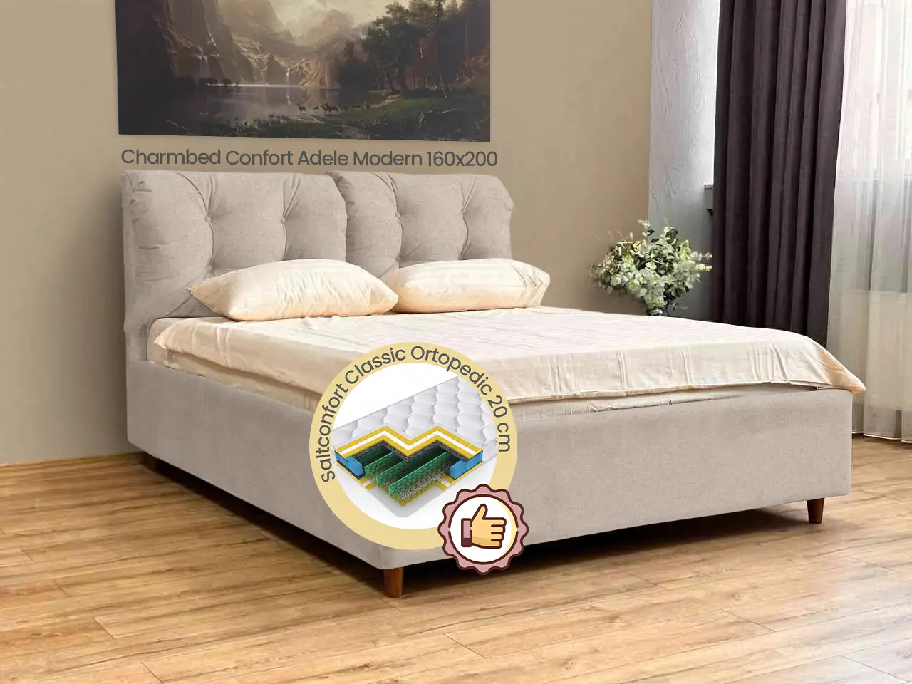 Pat cu saltea Charmbed Confort Adele Modern Glow 03 Fossil/Walnut + Saltconfort Classic Ortopedic 160х200/20