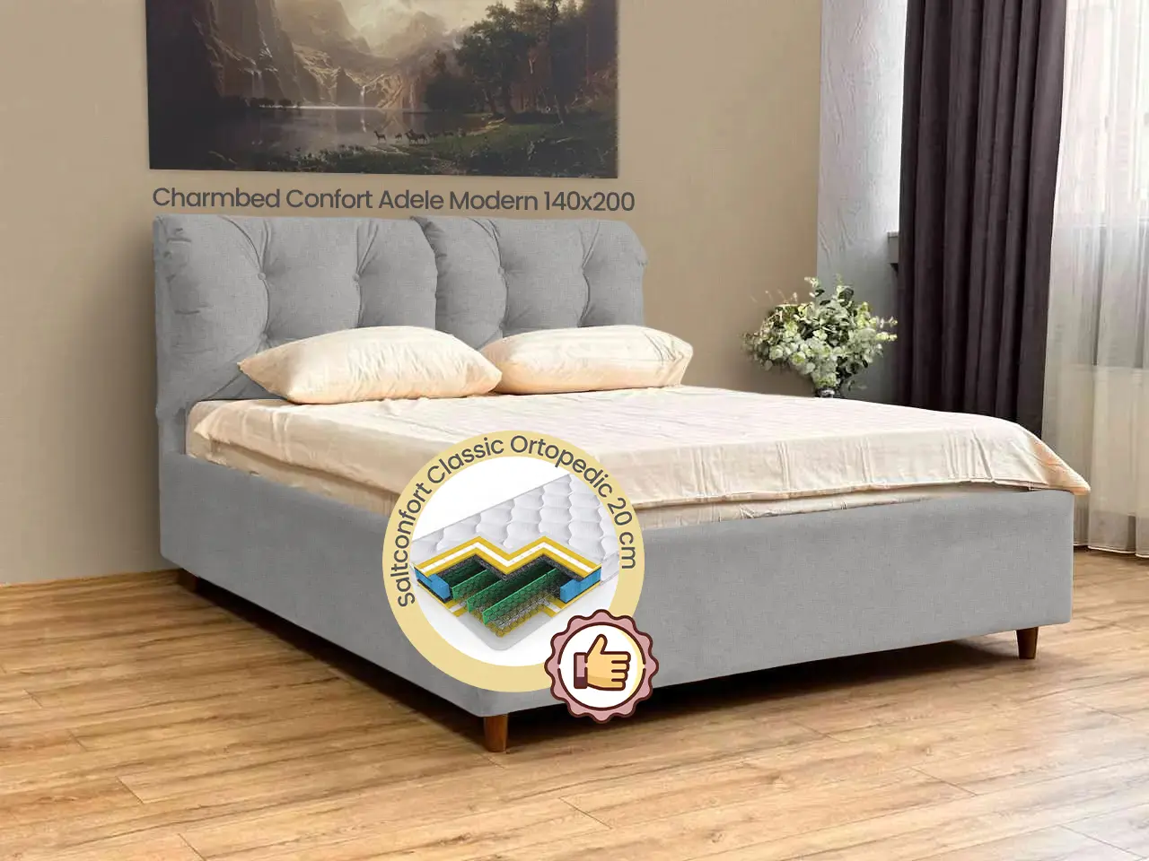 Pat cu saltea Charmbed Confort Adele Modern Glow 15 Light Grey/Walnut + Saltconfort Classic Ortopedic 140х200/20