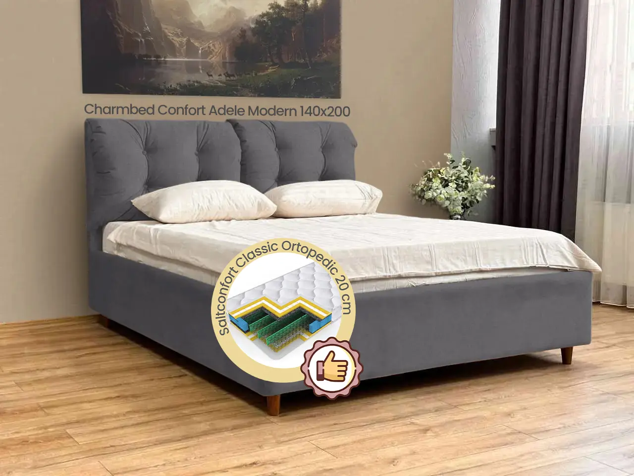 Pat cu saltea Charmbed Confort Adele Modern Glow 19 Anthracite/Walnut + Saltconfort Classic Ortopedic 140х200/20