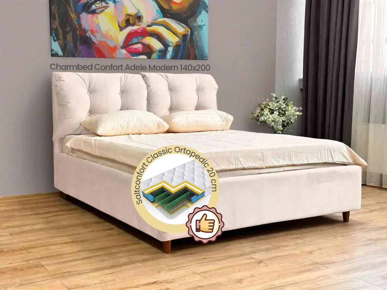 Кровать с матрасом Charmbed Confort Adele Modern Velluto 02 Beige/Walnut + Saltconfort Classic Ortopedic 140х200/20