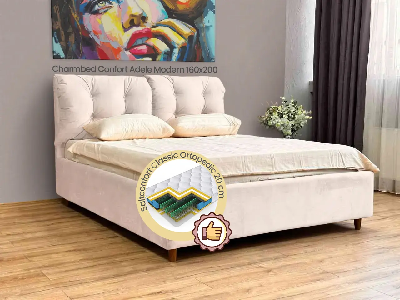 Pat cu saltea Charmbed Confort Adele Modern Velluto 02 Beige/Walnut + Saltconfort Classic Ortopedic 160х200/20