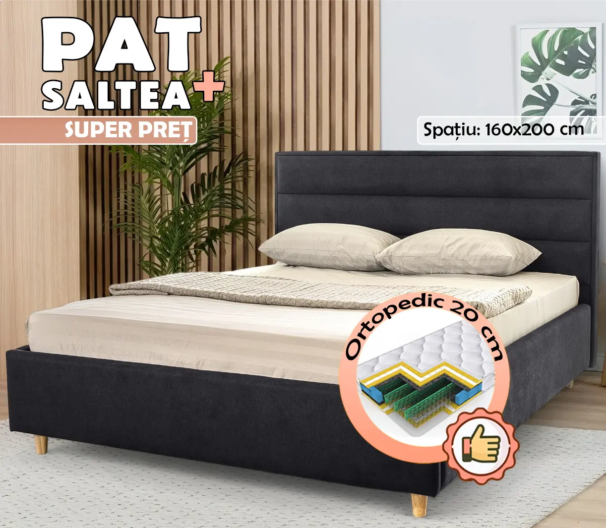 Кровать с матрасом Charmbed Confort Lider Balaton 96 Graphite + Saltconfort Classic Ortopedic 160х200/20