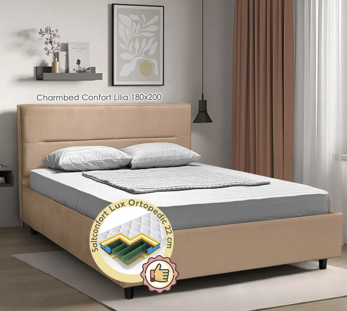 Pat cu saltea Charmbed Confort Lilia + Lux Ortopedic 180х200 (Beige)