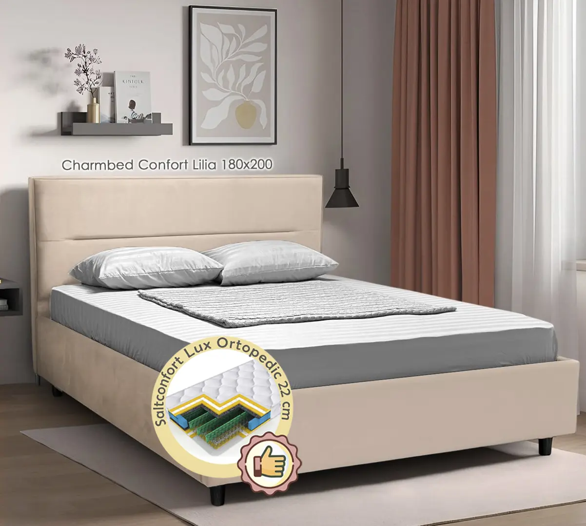 Pat cu saltea Charmbed Confort Lilia + Lux Ortopedic 180х200 (Milk Coffee)