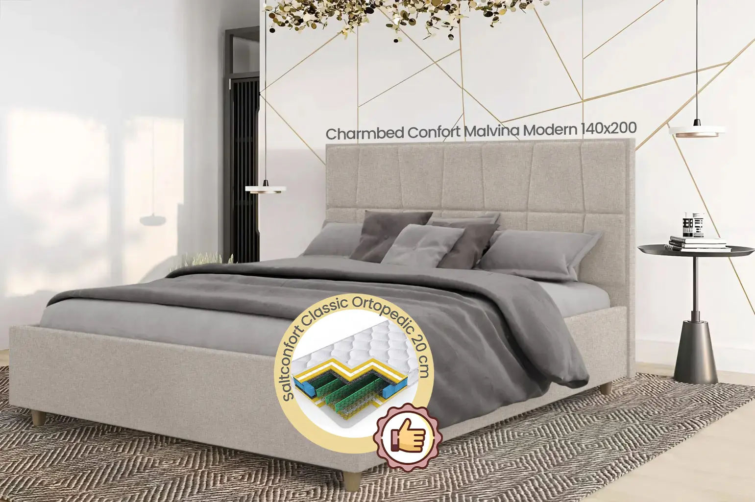 Pat cu saltea Charmbed Confort Malvina Modern Glow 03 Fossil/Walnut + Saltconfort Classic Ortopedic 140х200/20