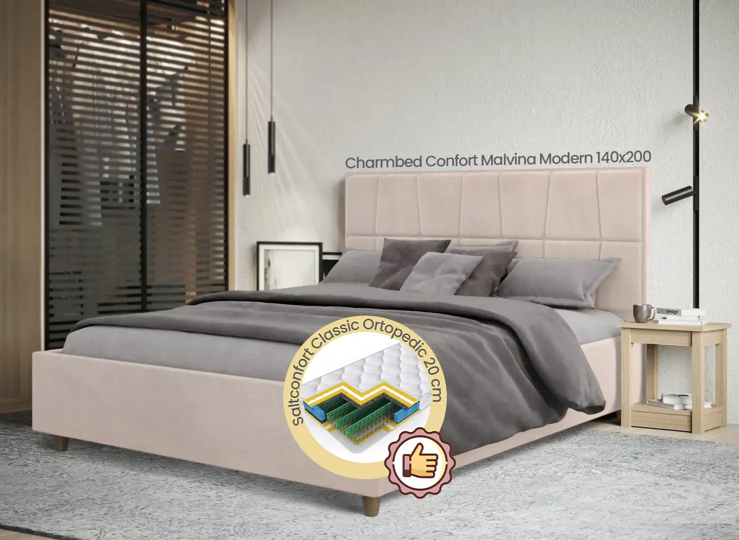 Кровать с матрасом Charmbed Confort Malvina Modern Velluto 02 Beige/Walnut + Saltconfort Classic Ortopedic 140х200/20