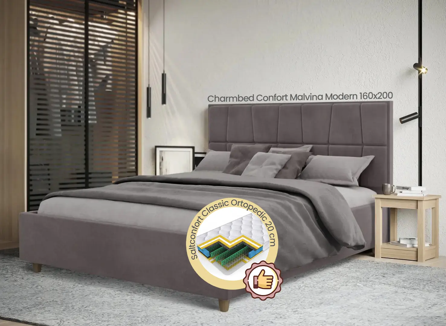 Pat cu saltea Charmbed Confort Malvina Modern Velluto 16 Grey/Walnut + Saltconfort Classic Ortopedic 160х200/20