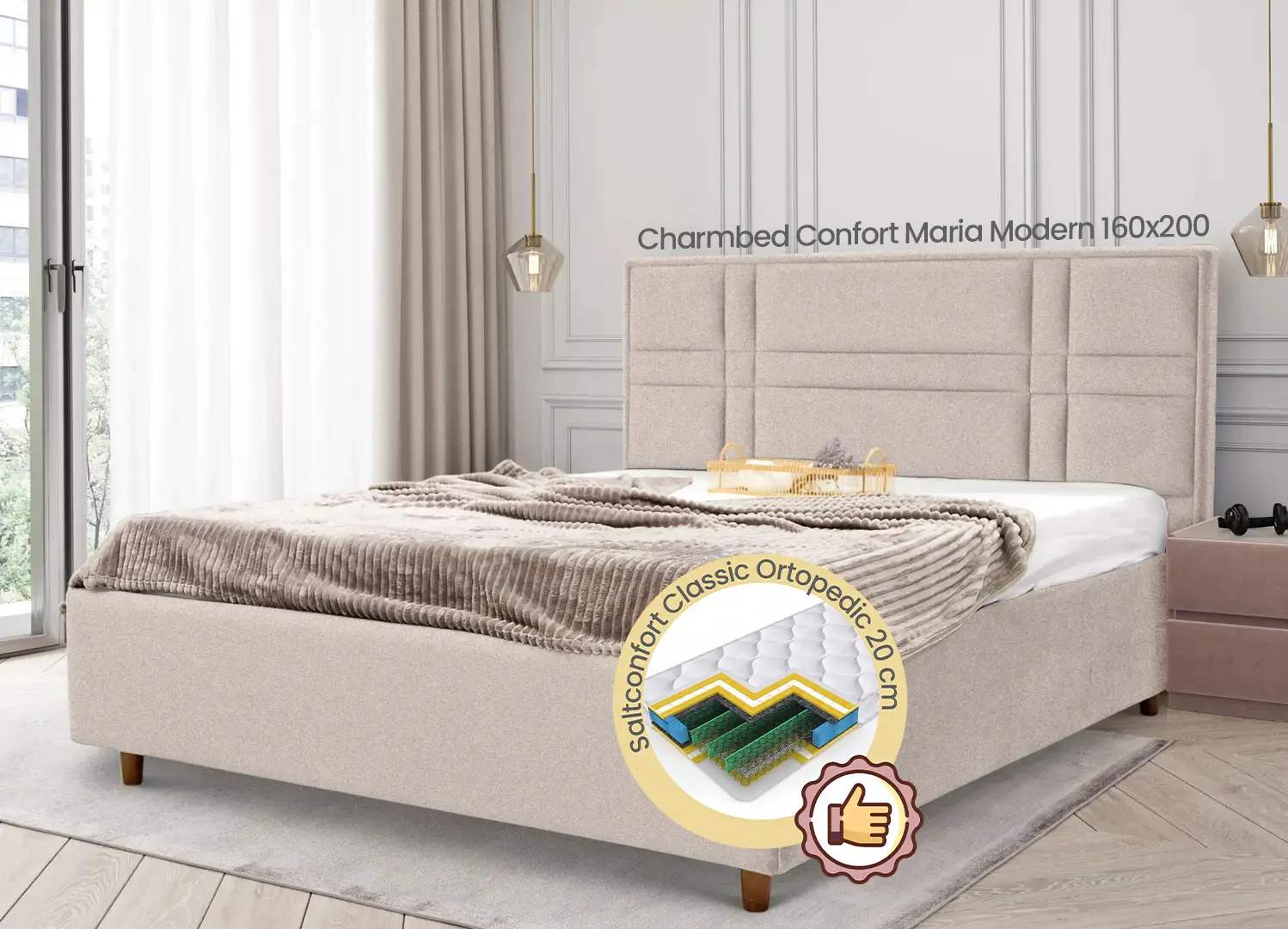 Pat cu saltea Charmbed Confort Maria Modern Glow 03 Fossil/Walnut + Saltconfort Classic Ortopedic 160х200/20