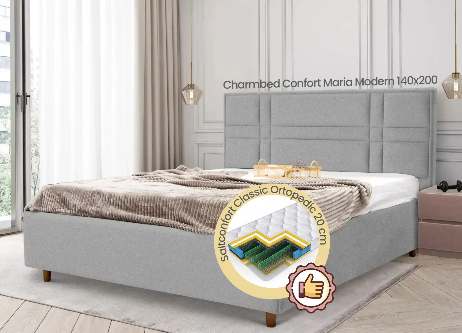 Кровать с матрасом Charmbed Confort Maria Modern Glow 15 Light Grey/Walnut + Saltconfort Classic Ortopedic 140х200/20
