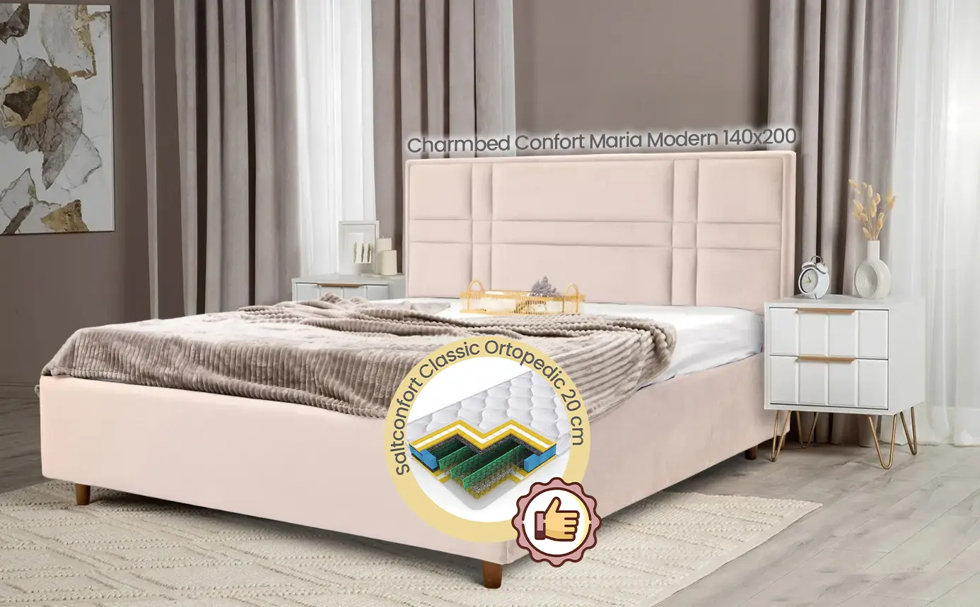 Кровать с матрасом Charmbed Confort Maria Modern Velluto 02 Beige/Walnut + Saltconfort Classic Ortopedic 140х200/20