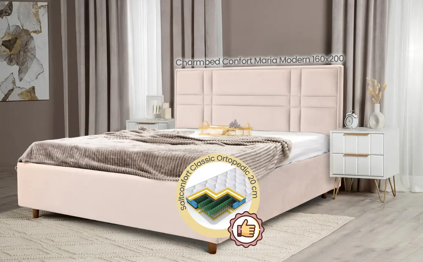 Кровать с матрасом Charmbed Confort Maria Modern Velluto 02 Beige/Walnut + Saltconfort Classic Ortopedic 160х200/20