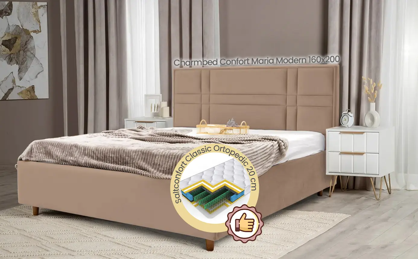 Pat cu saltea Charmbed Confort Maria Modern Velluto 03 Mika/Walnut + Saltconfort Classic Ortopedic 160х200/20