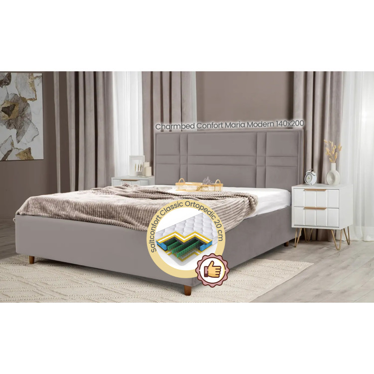Pat cu saltea Charmbed Confort Maria Modern Velluto 15 Silver/Walnut + Saltconfort Classic Ortopedic 140х200/20