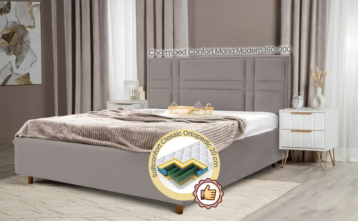 Pat cu saltea Charmbed Confort Maria Modern Velluto 15 Silver/Walnut + Saltconfort Classic Ortopedic 160х200/20