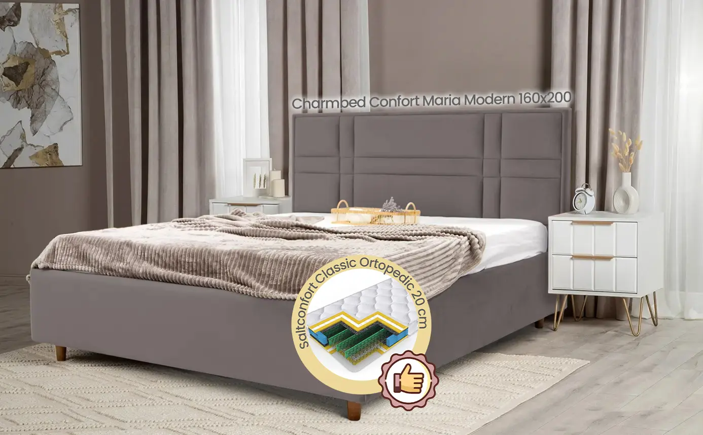 Pat cu saltea Charmbed Confort Maria Modern Velluto 16 Grey/Walnut + Saltconfort Classic Ortopedic 160х200/20