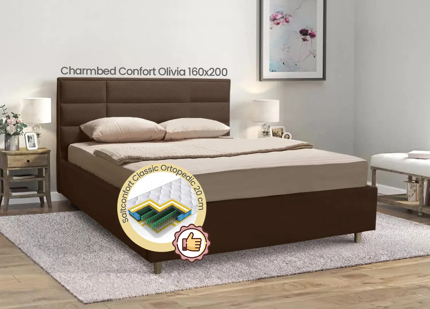 Кровать с матрасом Charmbed Confort Olivia Balaton 28 Brown + Saltconfort Classic Ortopedic 160х200/20