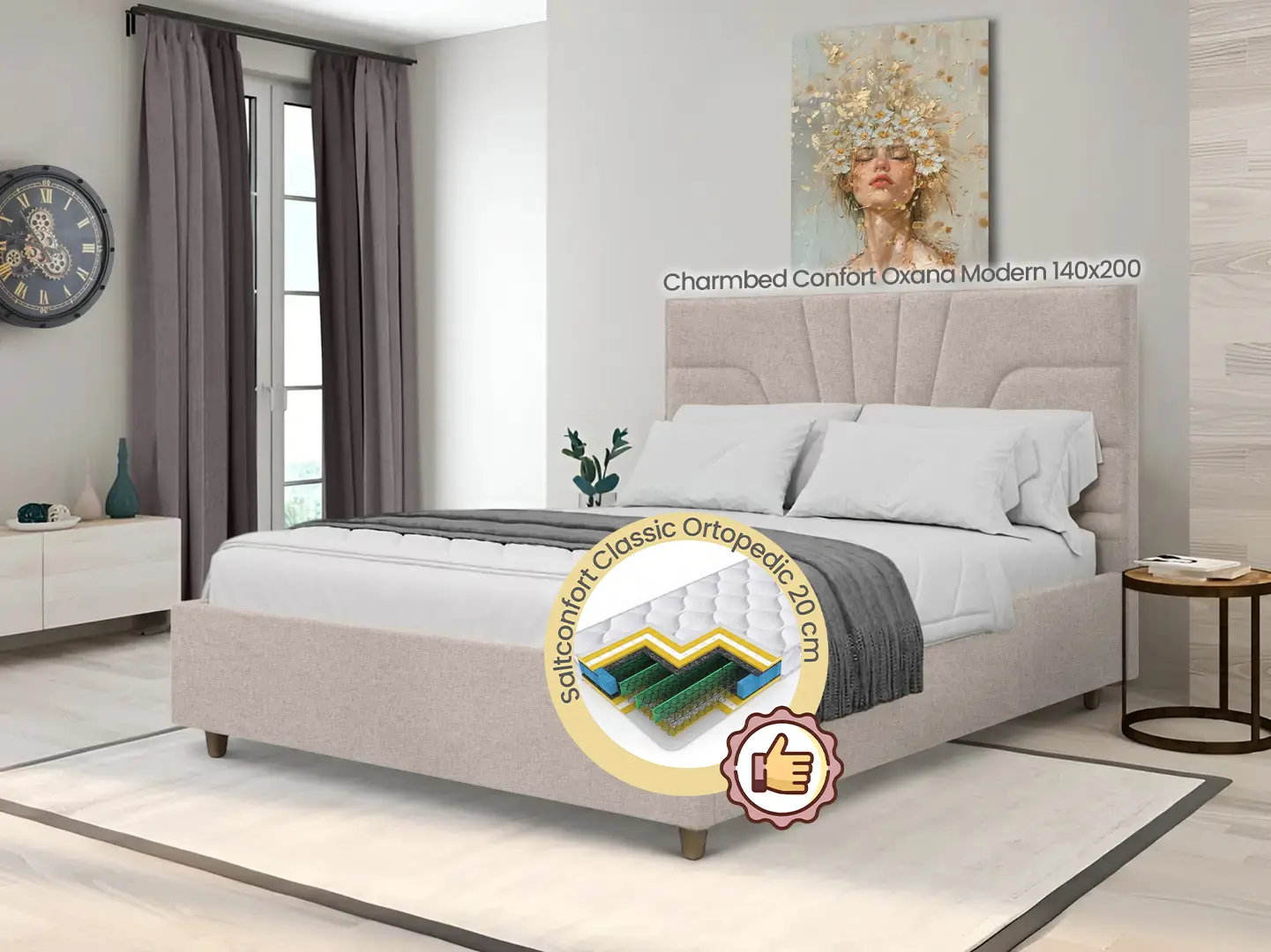 Pat cu saltea Charmbed Confort Oxana Modern Glow 03 Fossil/Walnut + Saltconfort Classic Ortopedic 140х200/20