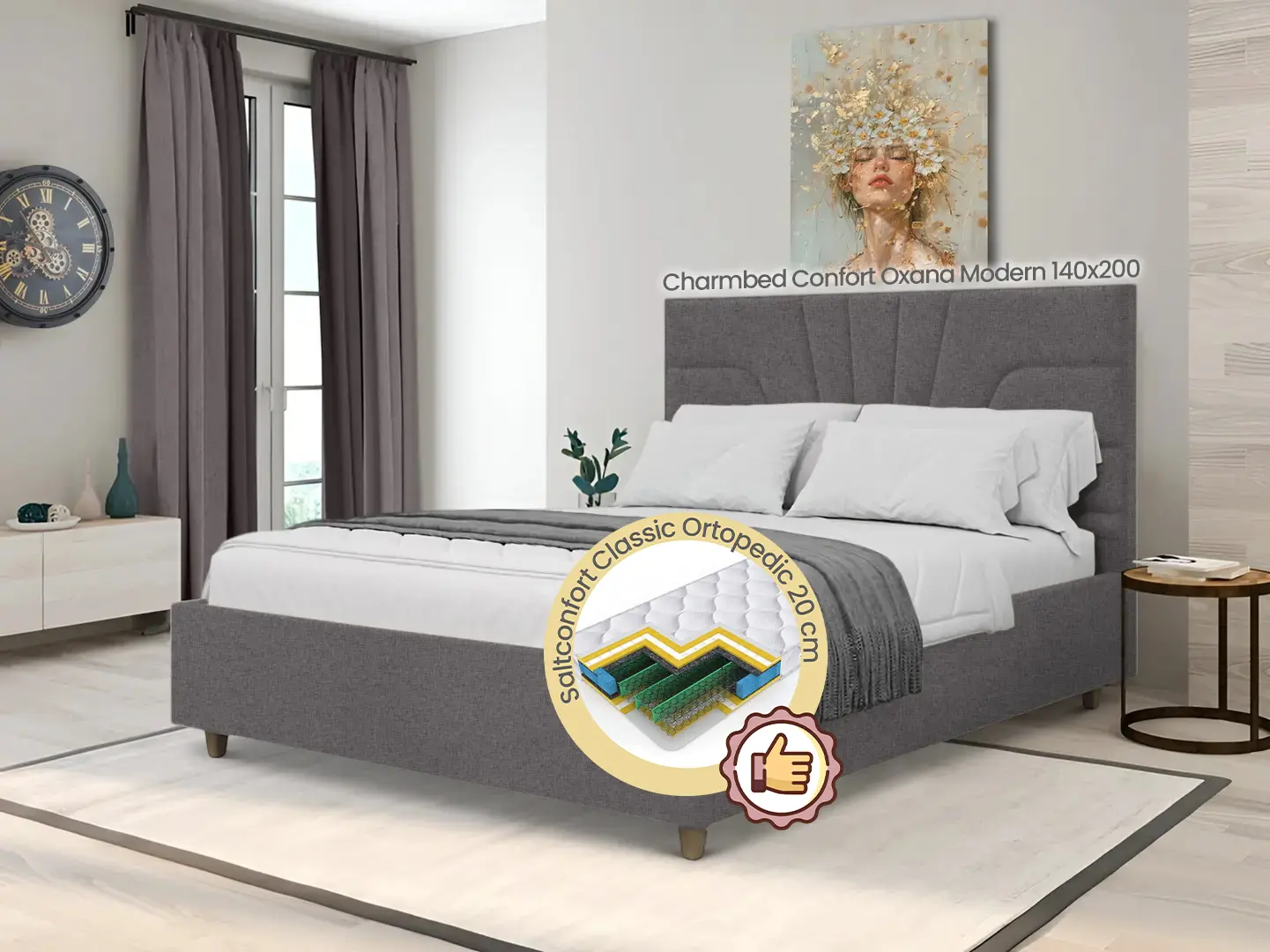 Pat cu saltea Charmbed Confort Oxana Modern Glow 19 Anthracite/Walnut + Saltconfort Classic Ortopedic 140х200/20