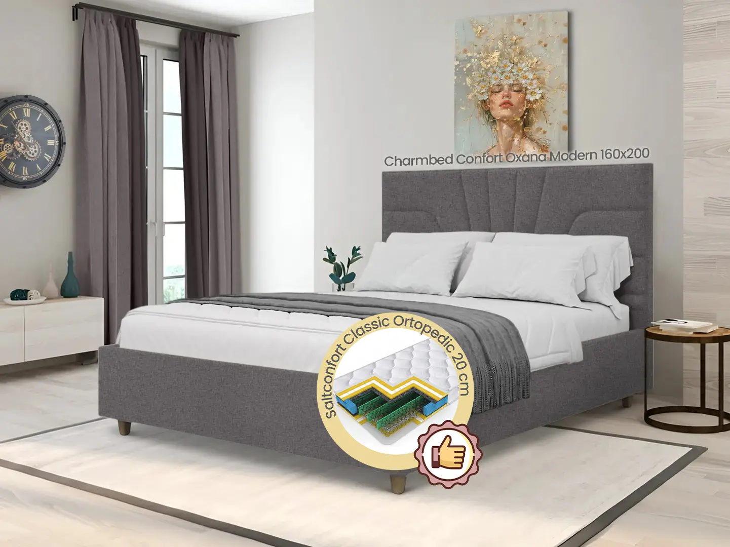 Pat cu saltea Charmbed Confort Oxana Modern Glow 19 Anthracite/Walnut + Saltconfort Classic Ortopedic 160х200/20