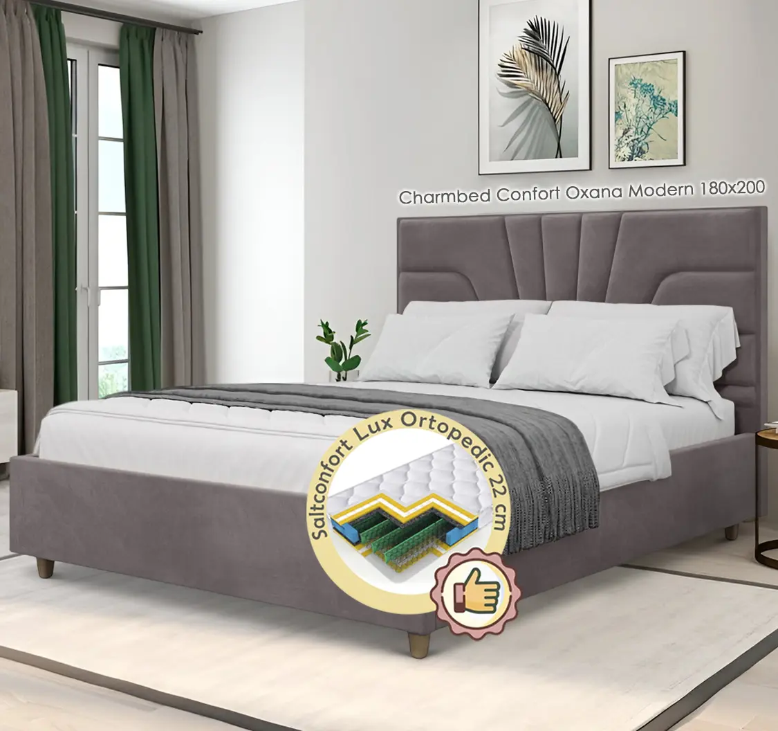 Pat cu saltea Charmbed Confort Oxana Modern + Lux Ortopedic 180х200 (Grey)
