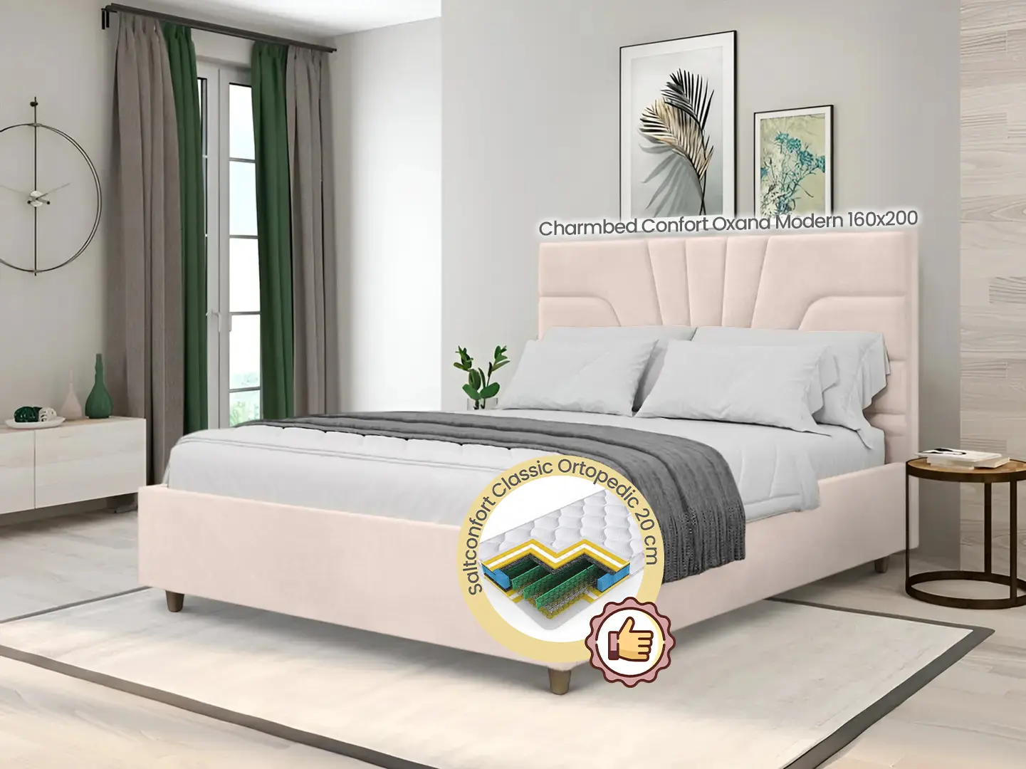 Pat cu saltea Charmbed Confort Oxana Modern Velluto 02 Beige/Walnut + Saltconfort Classic Ortopedic 160х200/20