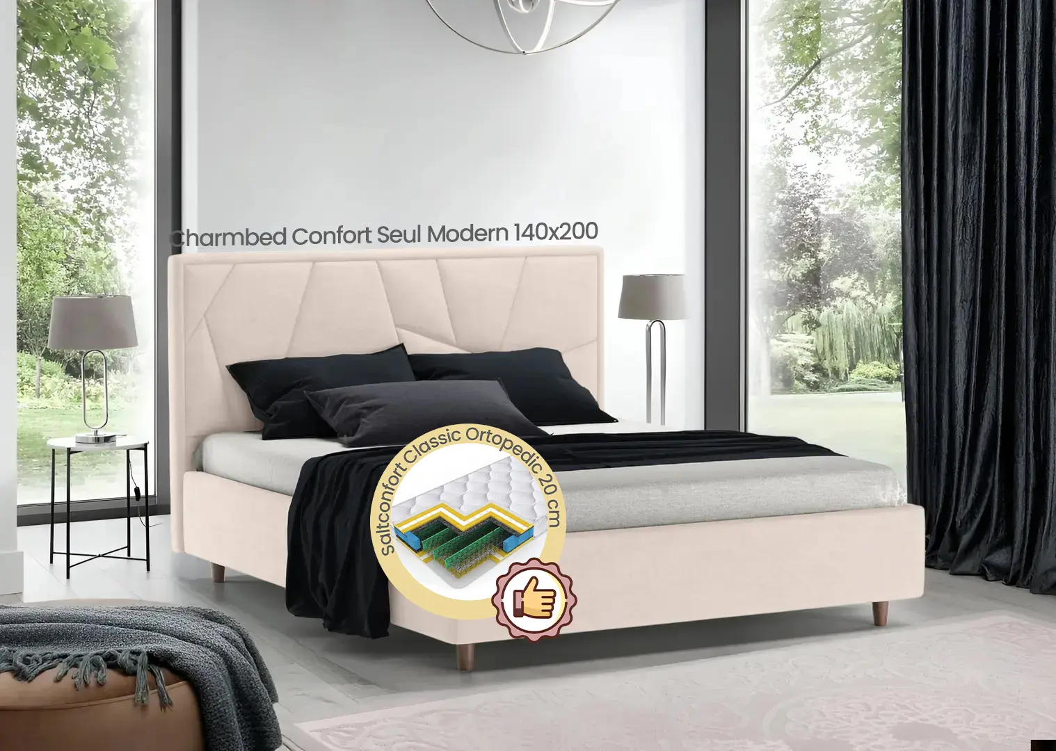 Pat cu saltea Charmbed Confort Seul Modern Velluto 02 Beige/Walnut + Saltconfort Classic Ortopedic 140х200/20