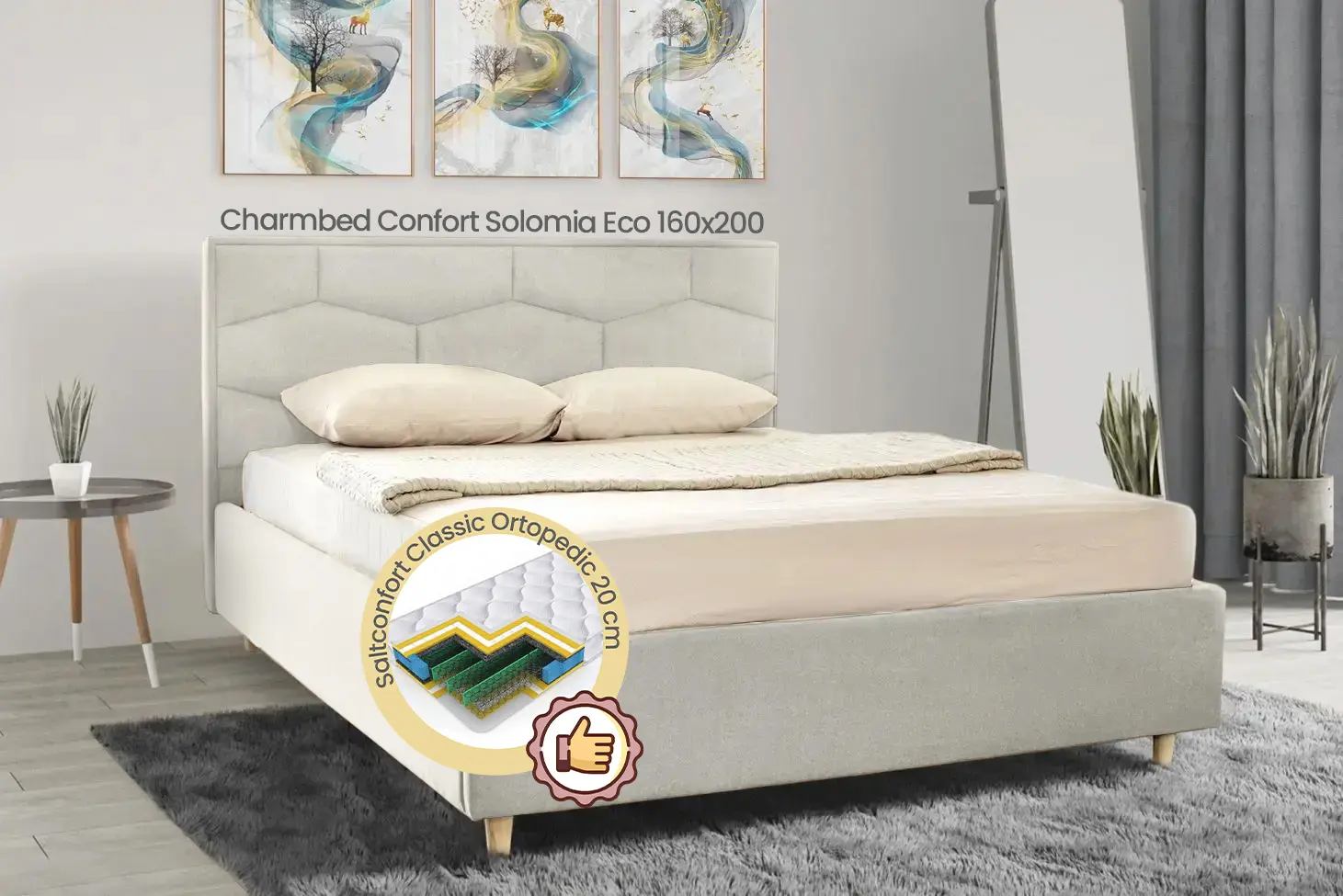 Pat cu saltea Charmbed Confort Solomia Eco Royal 02 Beige + Saltconfort Classic Ortopedic 160х200/20