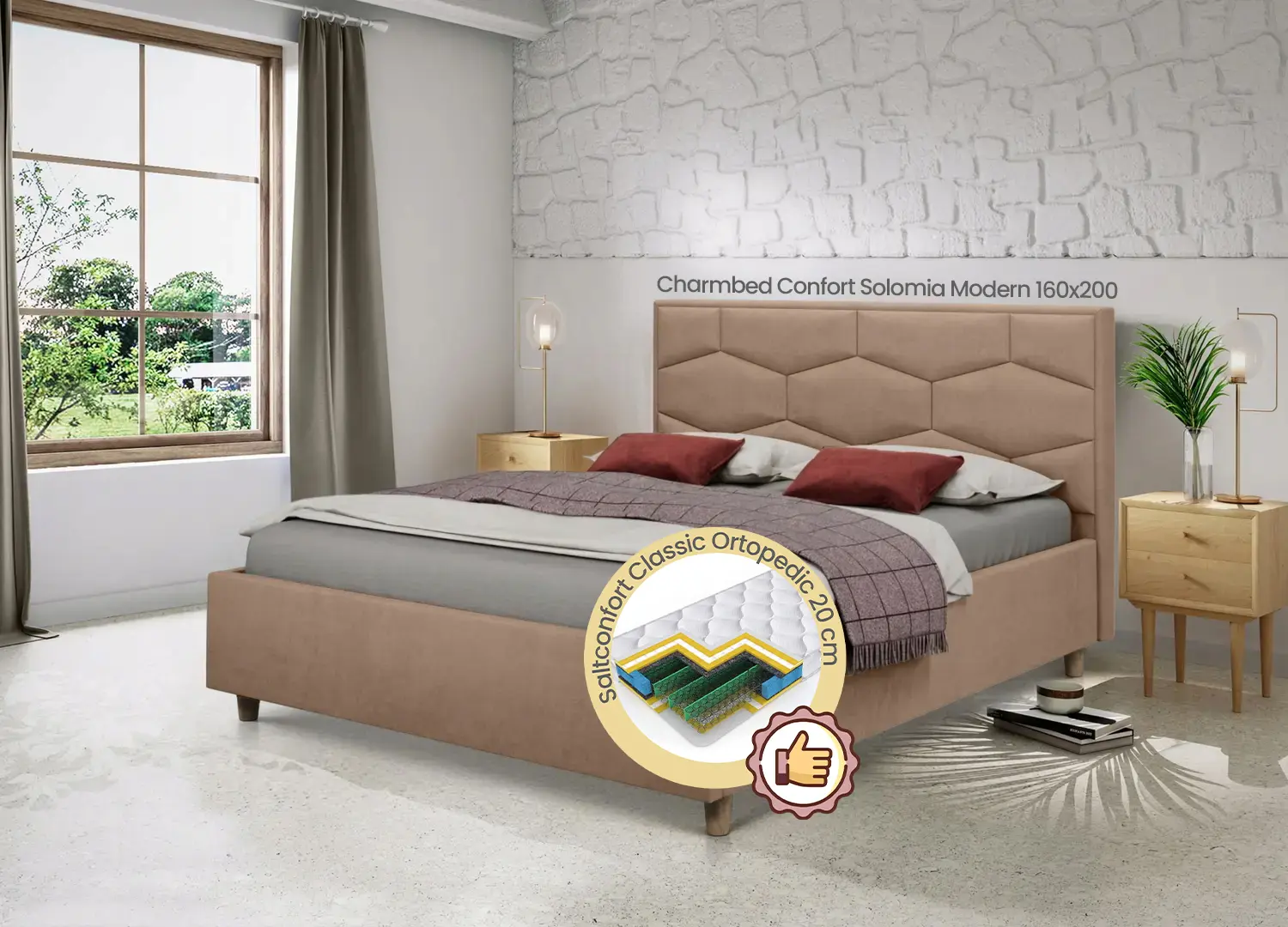 Pat cu saltea Charmbed Confort Solomia Modern Velluto 03 Fossil/Walnut + Saltconfort Classic Ortopedic 160х200/20