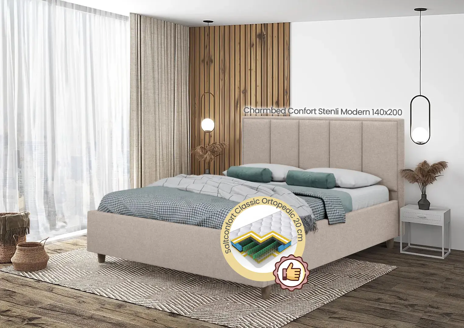 Pat cu saltea Charmbed Confort Stenli Modern Glow 03 Fossil/Walnut + Saltconfort Classic Ortopedic 140х200/20