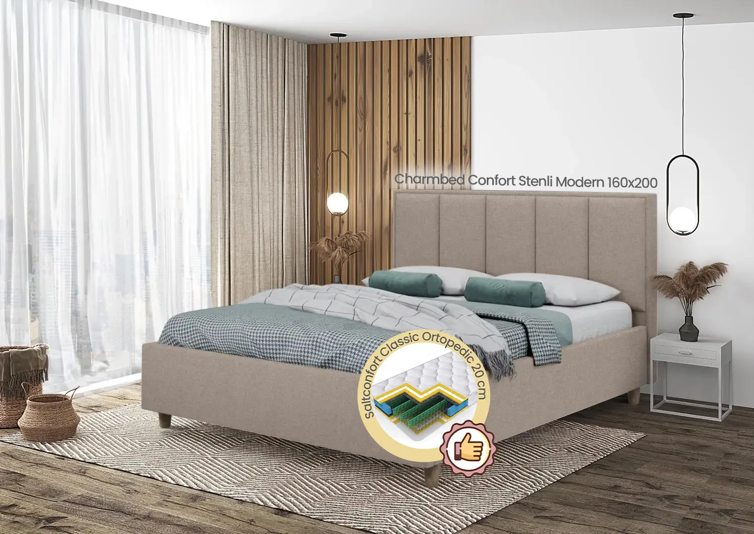 Pat cu saltea Charmbed Confort Stenli Modern Glow 04 Stone/Walnut + Saltconfort Classic Ortopedic 160х200/20